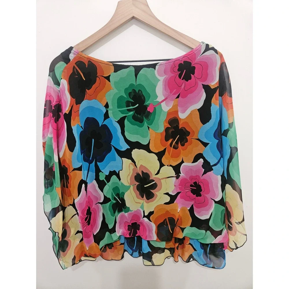 Milano Woman Floral Chiffon Blouse 2X Multi Color‎ Hibiscus Flutter Sleeve Top